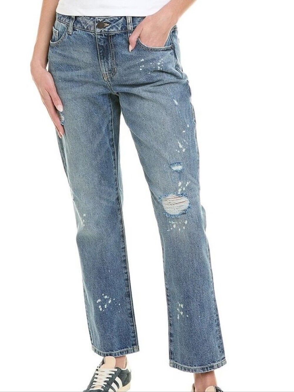 CAbi Boyfriend Jeans in Medium Blue with Paint-Splatter Distressed Worn  2